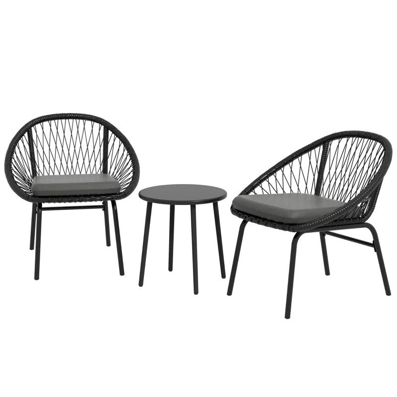 Outsunny 3 Piece Garden Furniture Set with Cushions - Round PE Rattan Bistro Set with 2 Armchairs & Metal Plate Coffee Table - Conversation Furniture Sets in Black - ALL4U RETAILER LTD