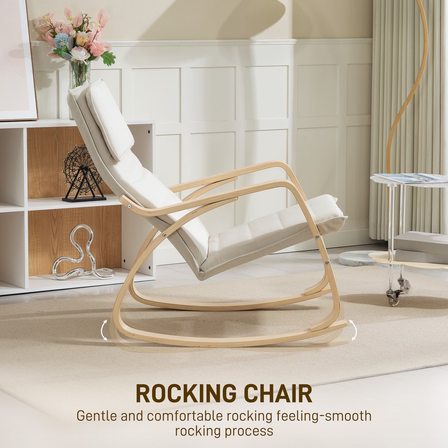 HOMCOM Comfortable Upholstered Rocking Chair Recliner With High Back And Headrest In Cream White For Living Room Bedroom