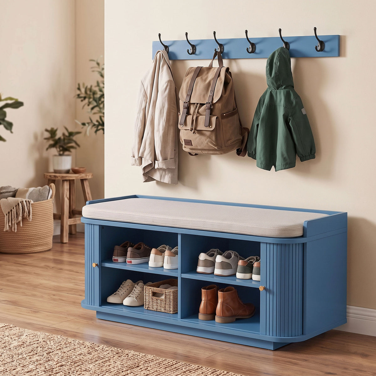 HOMCOM Hallway Storage Unit With Shoe Cabinet Bench And 5 Coat Hooks Blue