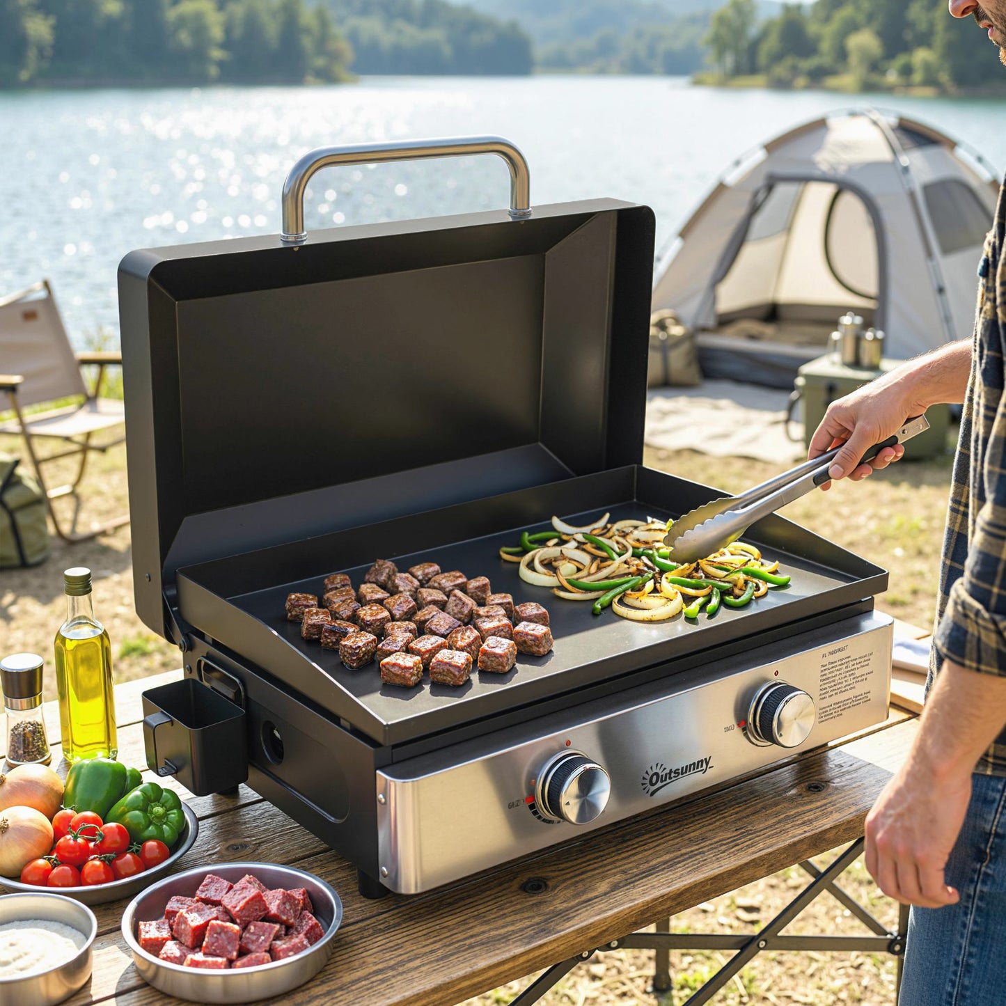 Outsunny 2 Burner Grill Griddle Portable Gas Plancha 6 kW Tabletop BBQ With Grease Cup For Camping Picnic Patios Black