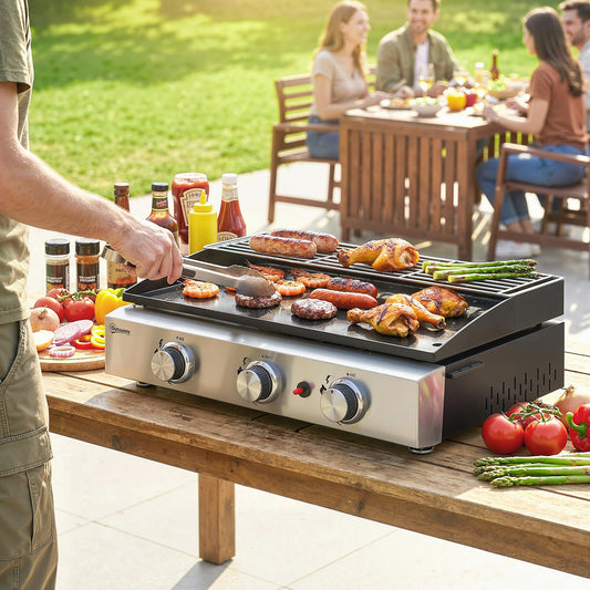 Outsunny 3 Burner Gas Grill Griddle Portable Plancha With Warming Rack And Grease Cup 7.5 Kilowatt Tabletop Black