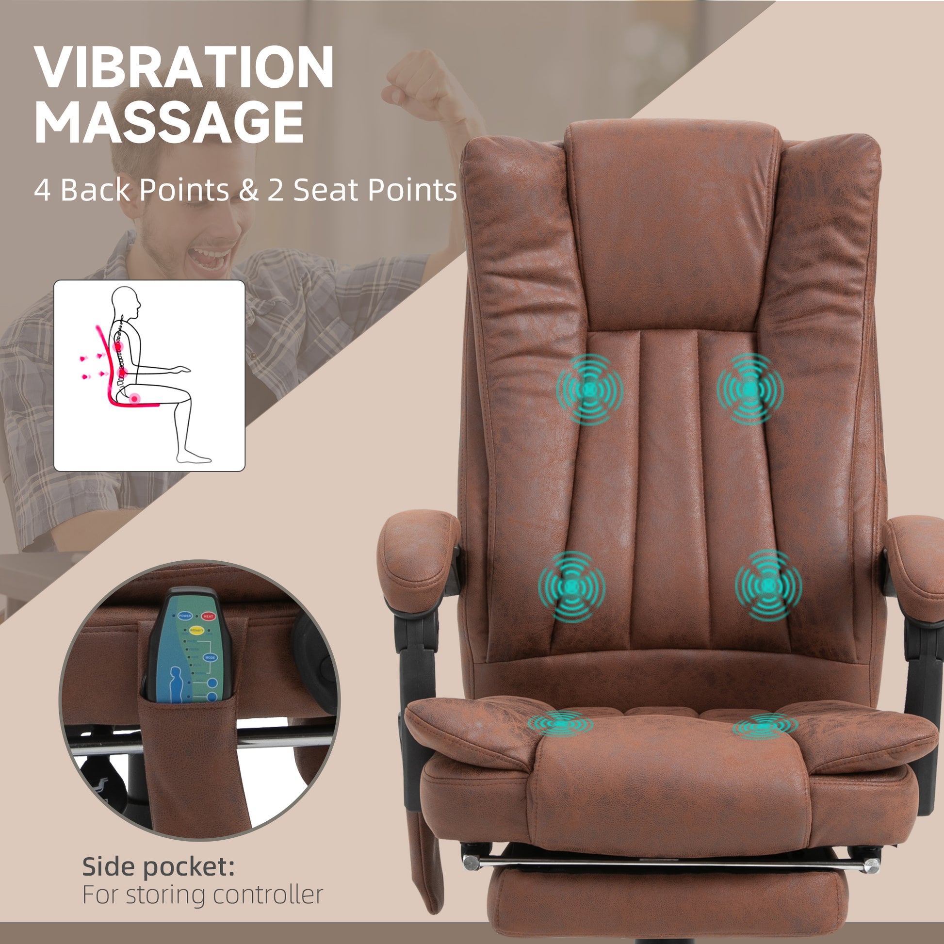 Vinsetto Heated Reclining Massage Office Chair with Footrest, Brown Microfibre High Back Design - ALL4U RETAILER LTD