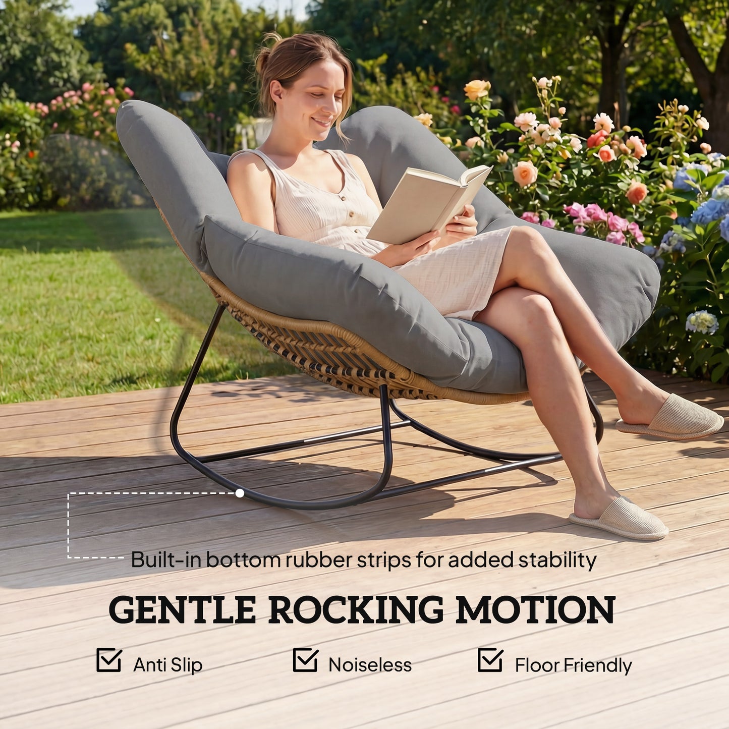 Outsunny Oversized Indoor Outdoor Rocking Egg Chair with Cushion Grey for Living Room Garden Patio