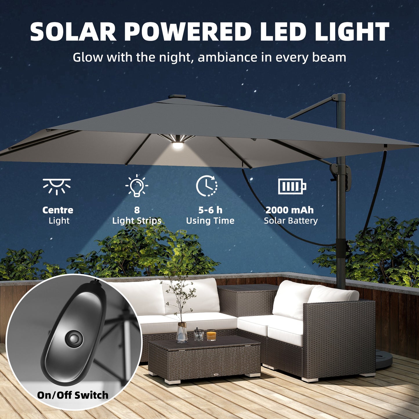 Outsunny 3m x 3m Cantilever Garden Parasol With Light And Cover, Wind Protection, 360 Degree Rotation, Grey