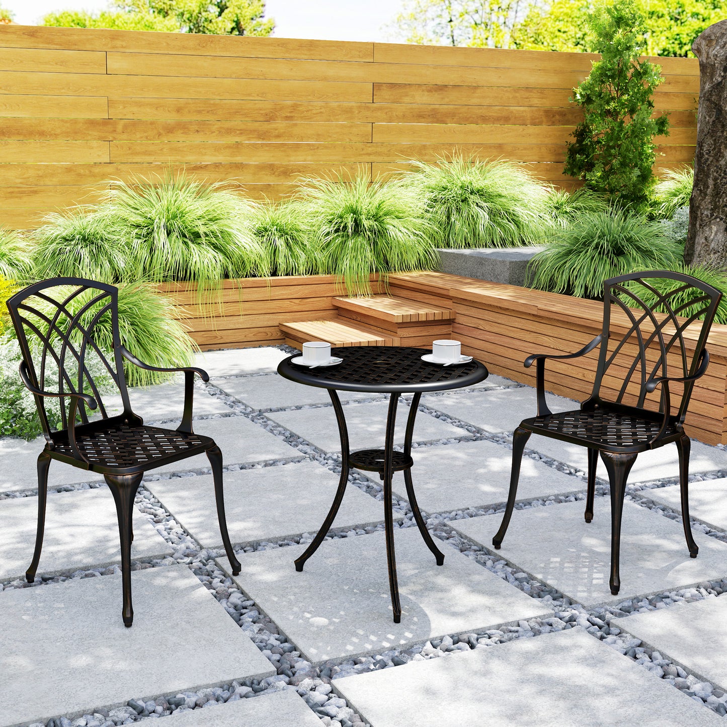 Outsunny 3 Piece Garden Dining Set For 2 Cast Aluminum Round Table With Parasol Hole And 2 Armchairs