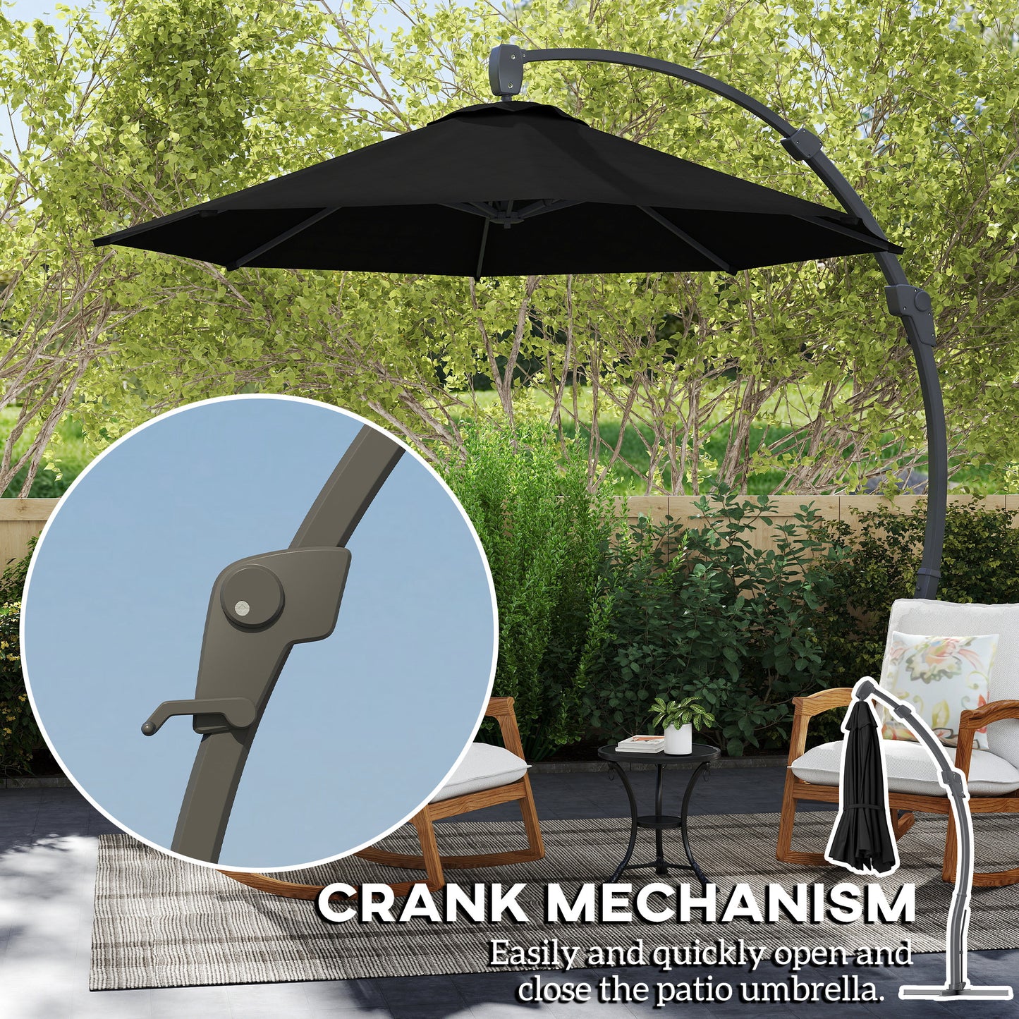 Outsunny 3m Cantilever Parasol Round Overhang Umbrella With Crank Handle Base Aluminum Frame 360Rotation Banana Black