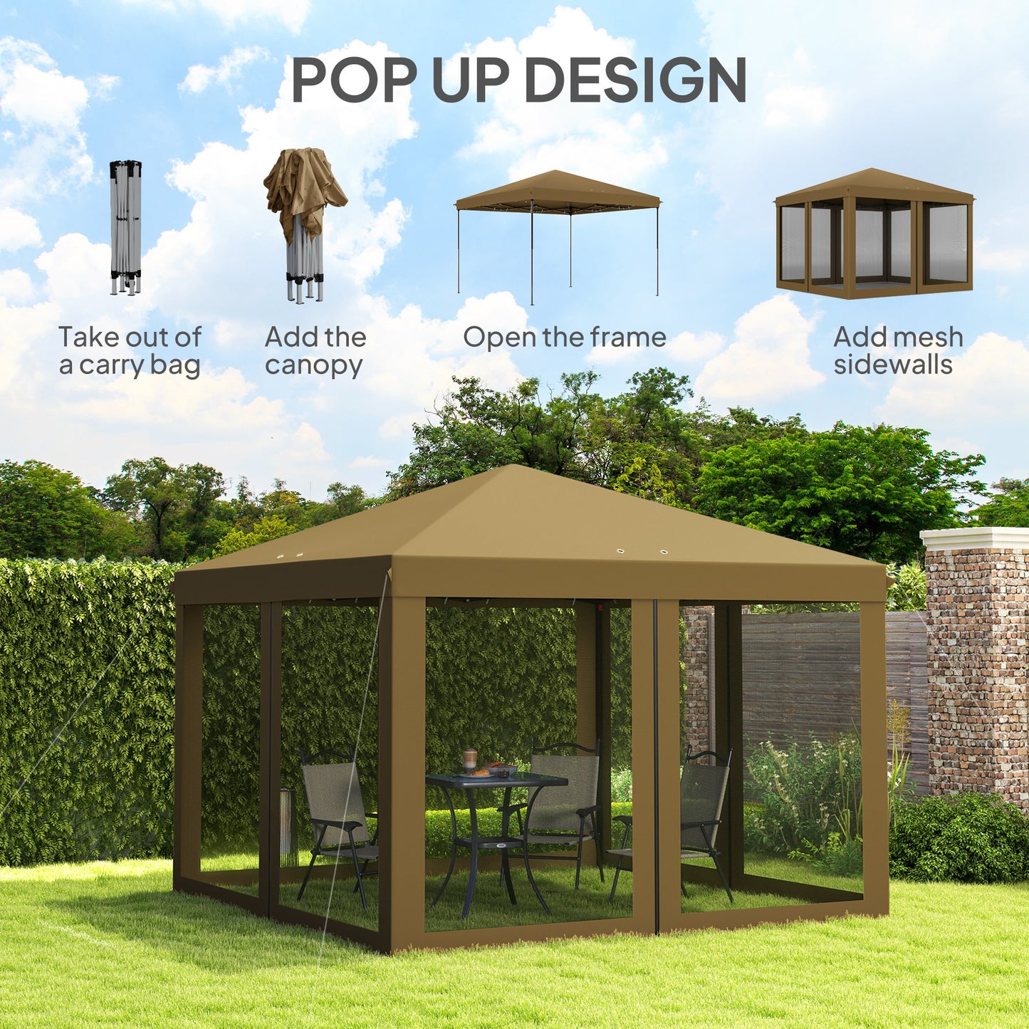 Outsunny 3x3m Pop Up Gazebo With 420D Canopy, Removable Mesh Sidewalls, Carry Bag, Garden Patio Outdoor Khaki