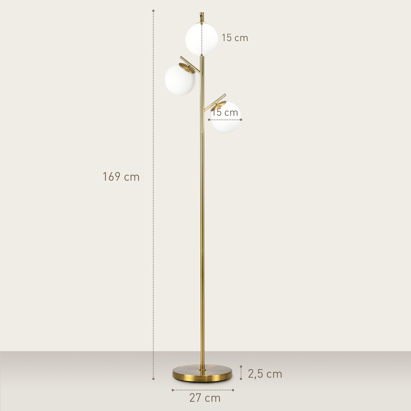 HOMCOM 3 Light Tree Floor Lamp With Globe Lampshades Modern Gold Tone Standing Light 3000K 4000K 6000K Temperatures
