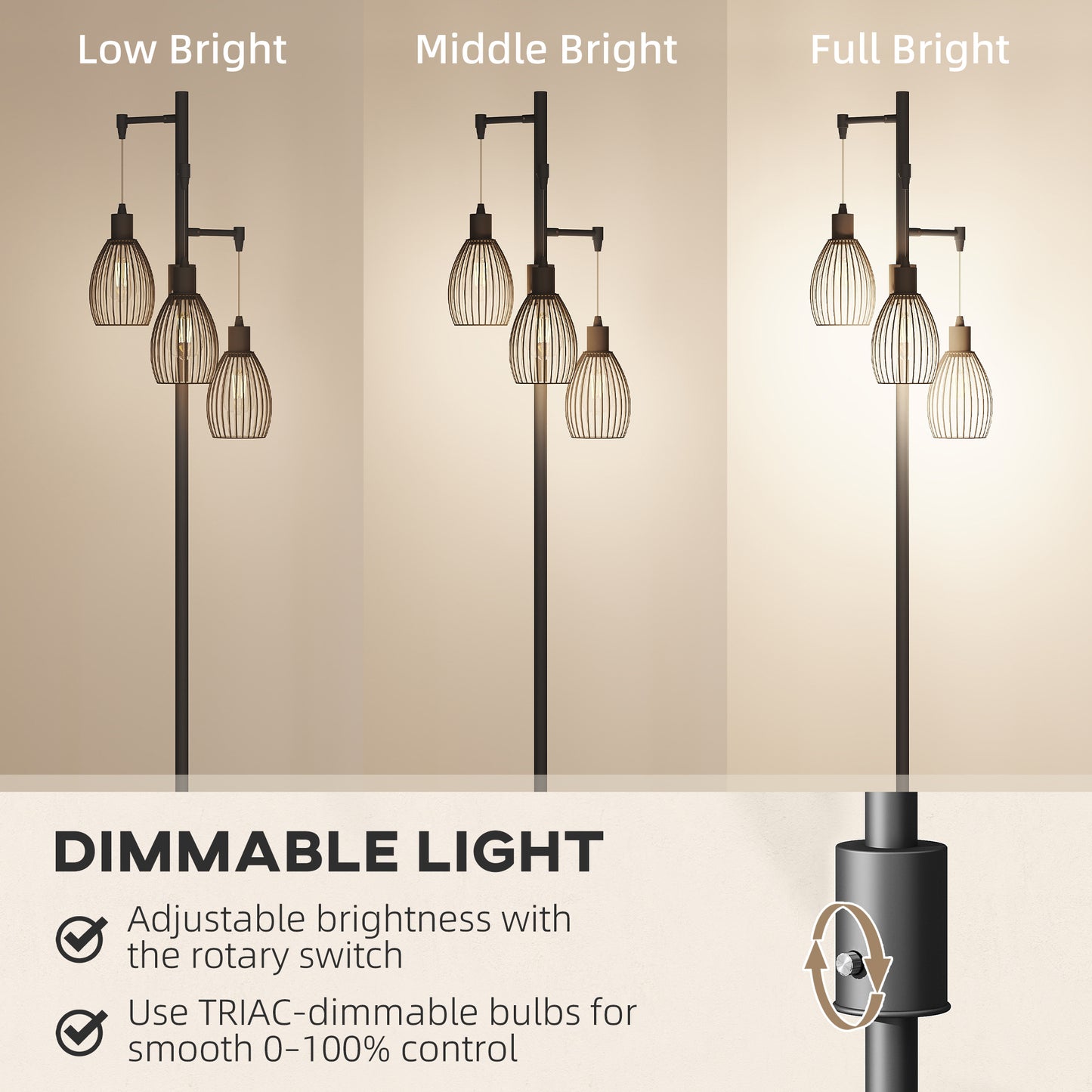 HOMCOM 3-Light LED Floor Lamp 170cm Tall 2700K Dimmable Industrial Standing Lamp with Steel Wire Cage Lampshades Black