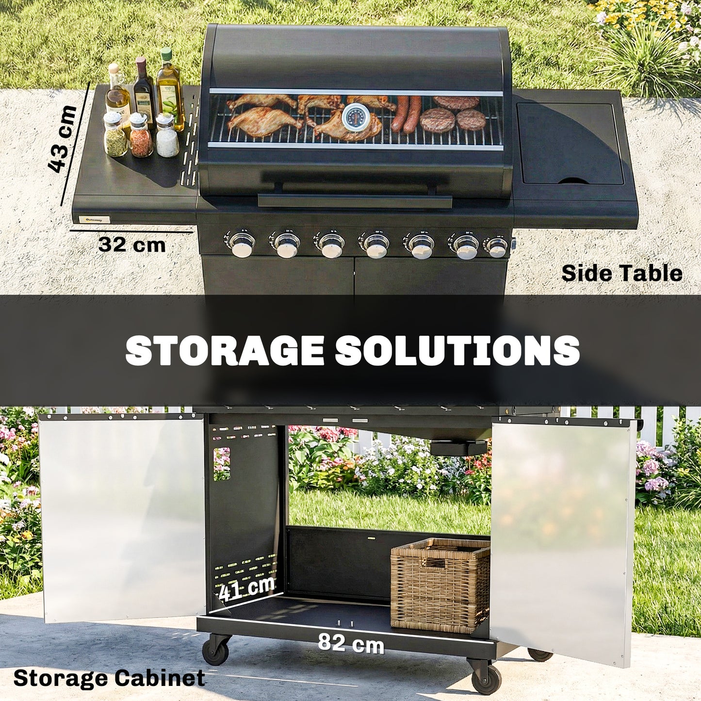 Outsunny Six Plus One Burner Gas BBQ Grill On Trolley With Wheels Warming Rack Thermometer And Bottle Opener Black