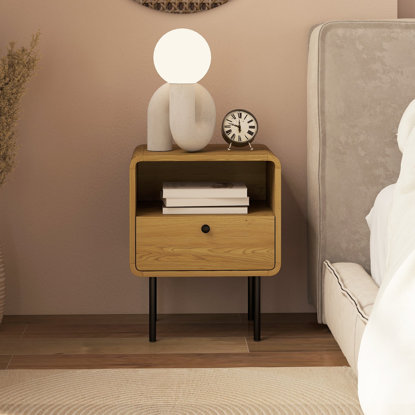 HOMCOM Oak Bedside Table With Drawer And Open Shelf Modern Nightstand For Bedroom Rounded Corner Design