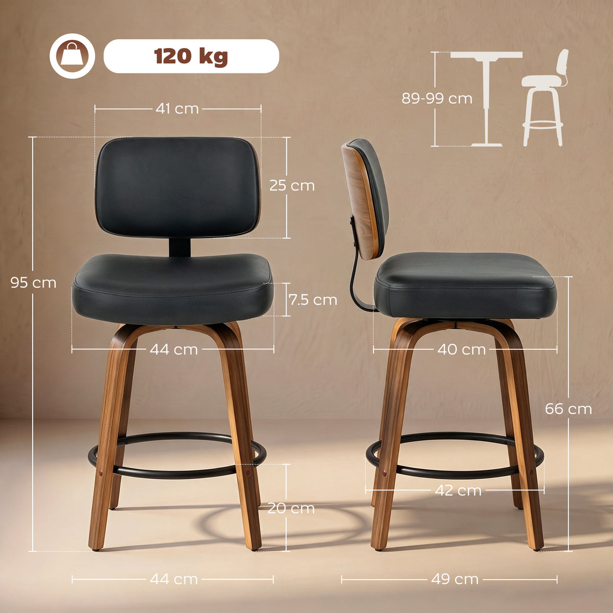HOMCOM Swivel Bar Stools Set of 2 Padded PU Seats with Backrest and Footrest