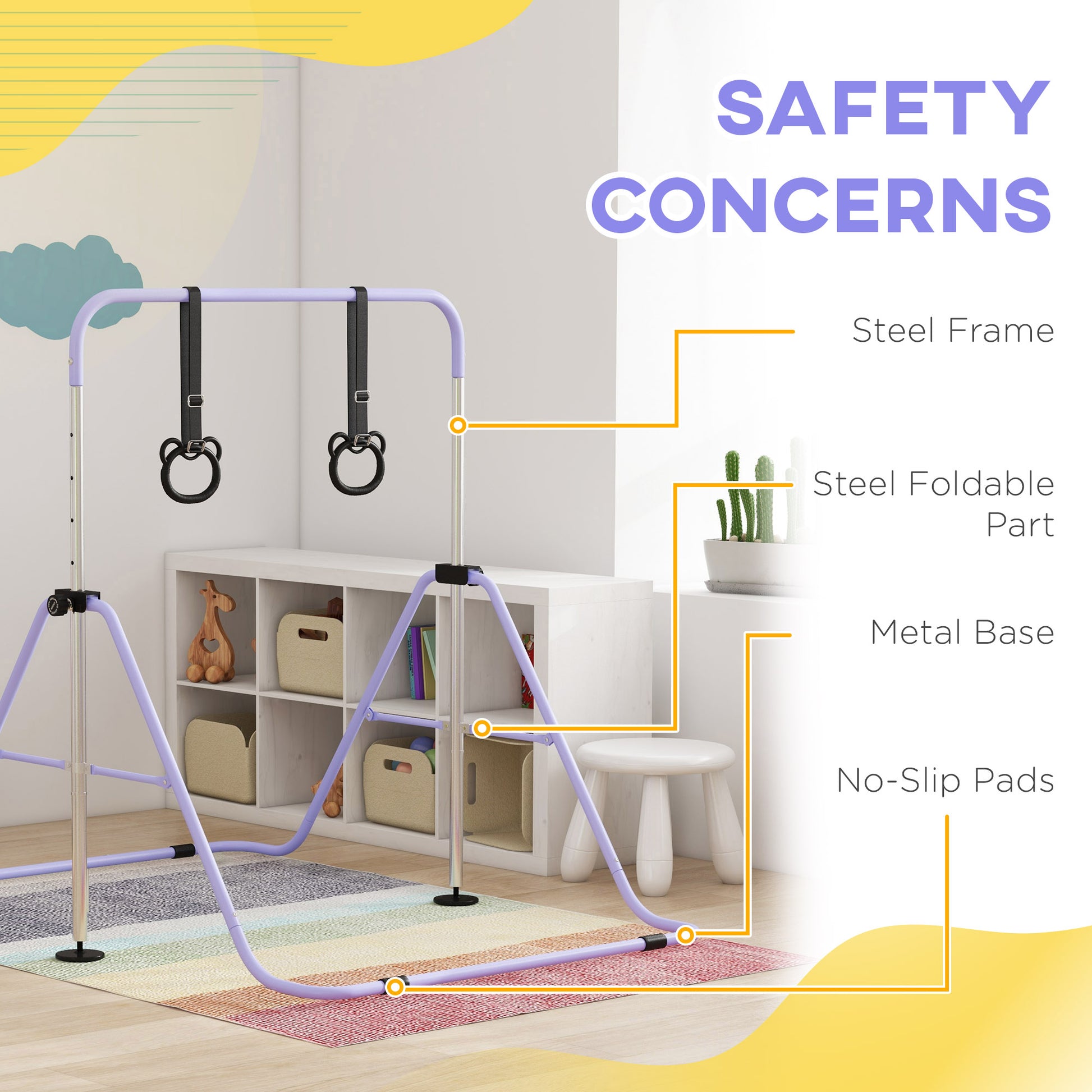 HOMCOM Height-Adjustable Foldable Gymnastics Bar for Kids 3+, Purple with Non-Slip Mats - ALL4U RETAILER LTD