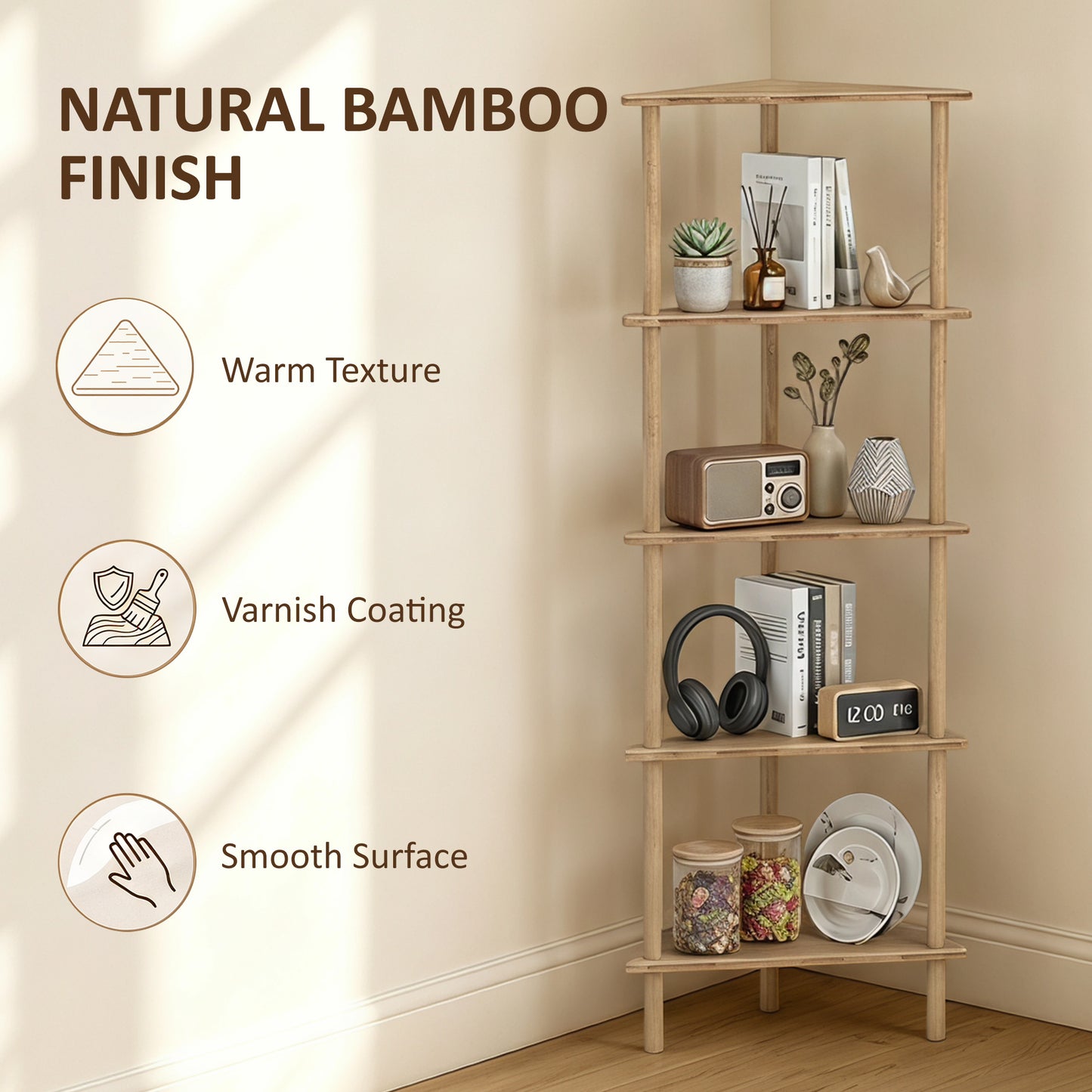 HOMCOM Bamboo Storage Shelf Five Tier Corner Shelf Freestanding Shelving Unit Living Room Natural Wood Finish