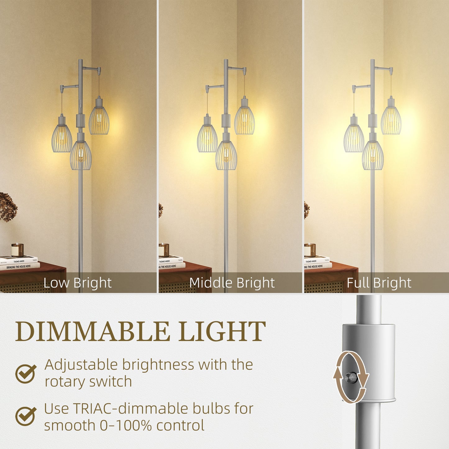 HOMCOM 3 Light Floor Lamp 170cm Dimmable Standing Lamp With Steel Wire Cage Lampshades Living Room Silver Tone