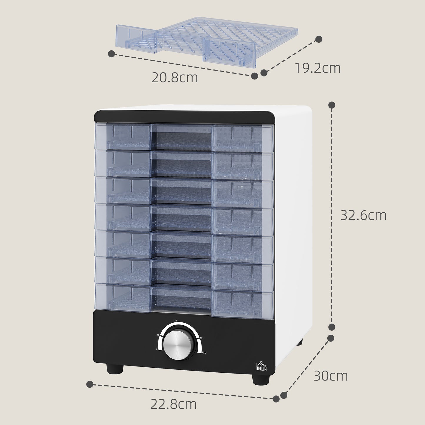 HOMCOM Seven Tray Food Dehydrator With Temperature Control 40 To 70 Celsius White Finish