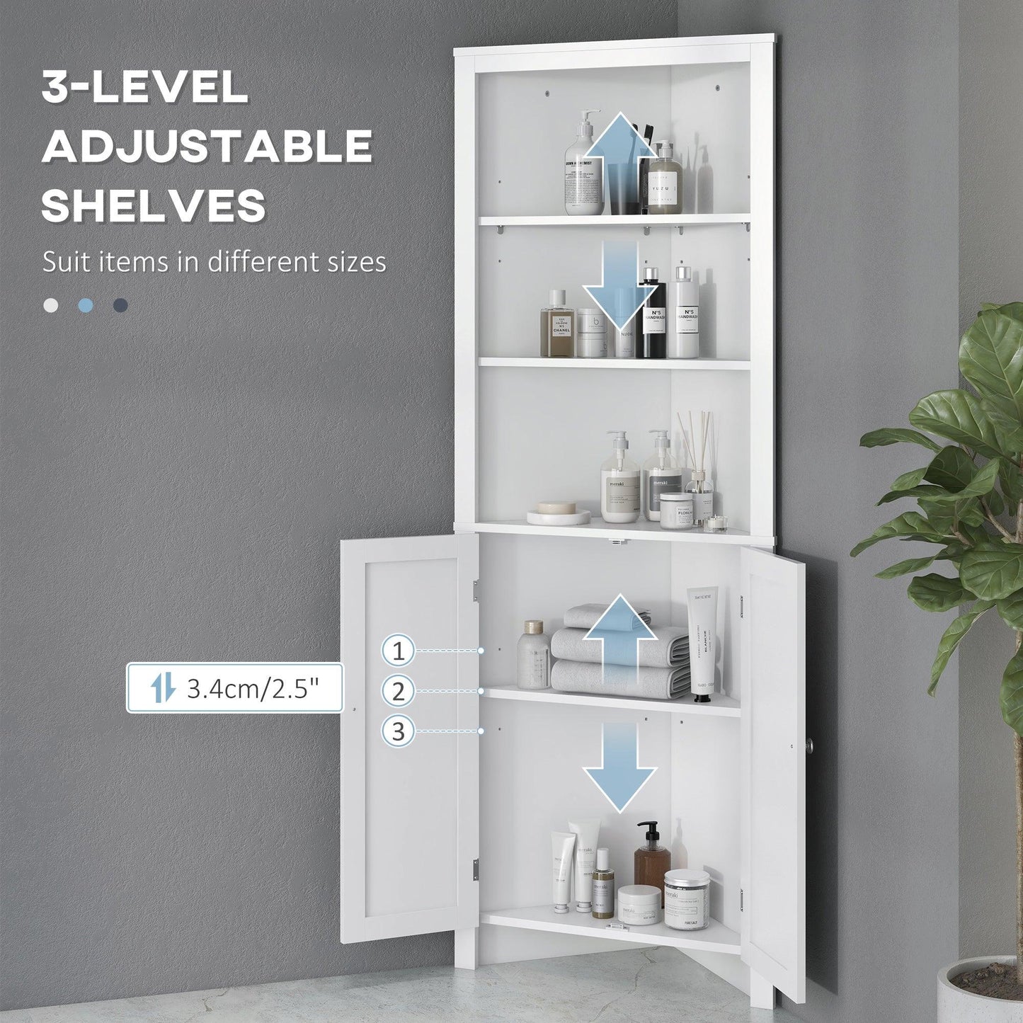 Kleankin White Triangle Bathroom Cabinet with 3-Tier Shelves - ALL4U RETAILER LTD