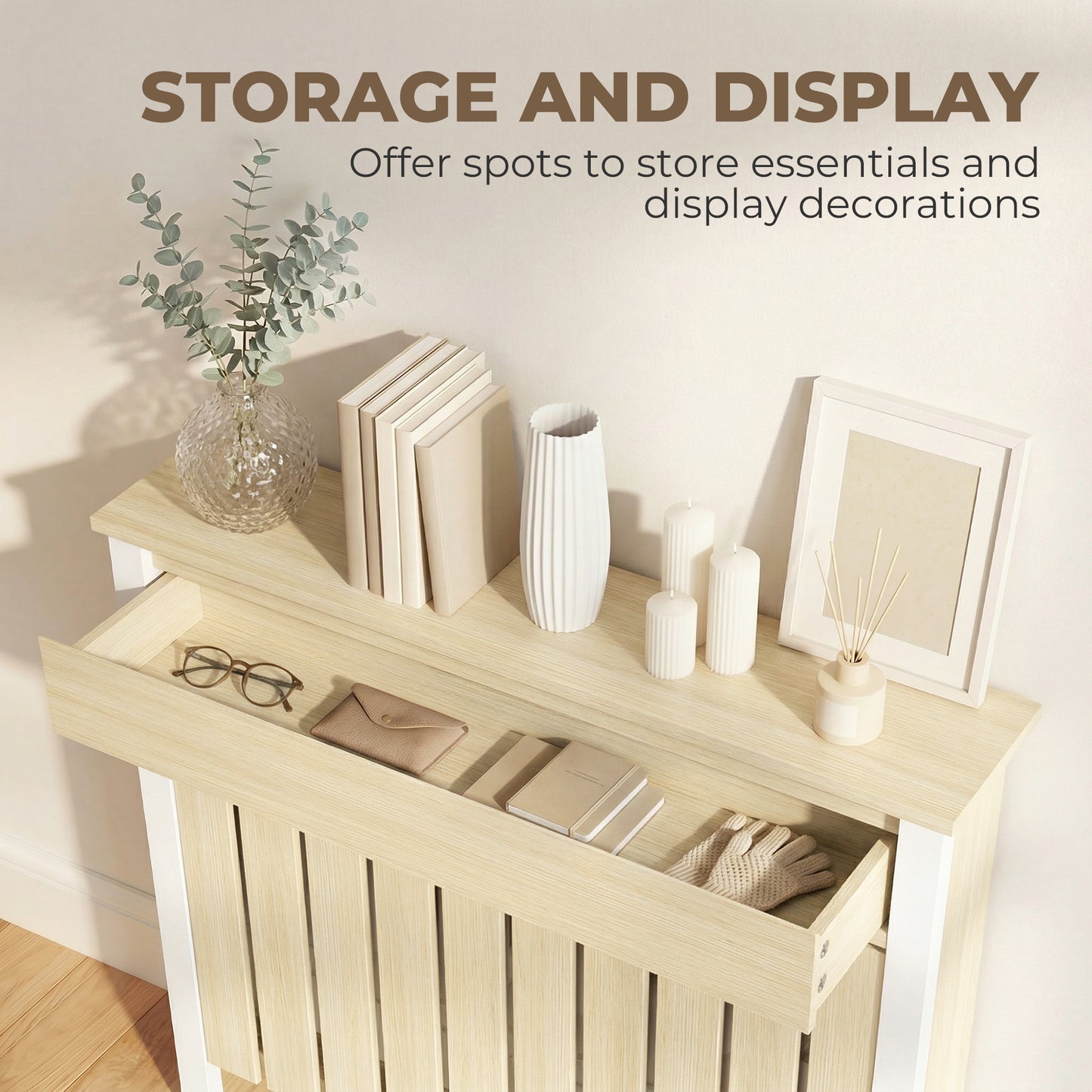HOMCOM 93 x 88.5 cm Rustic Oak Radiator Cover With White Frame And Slatted Design