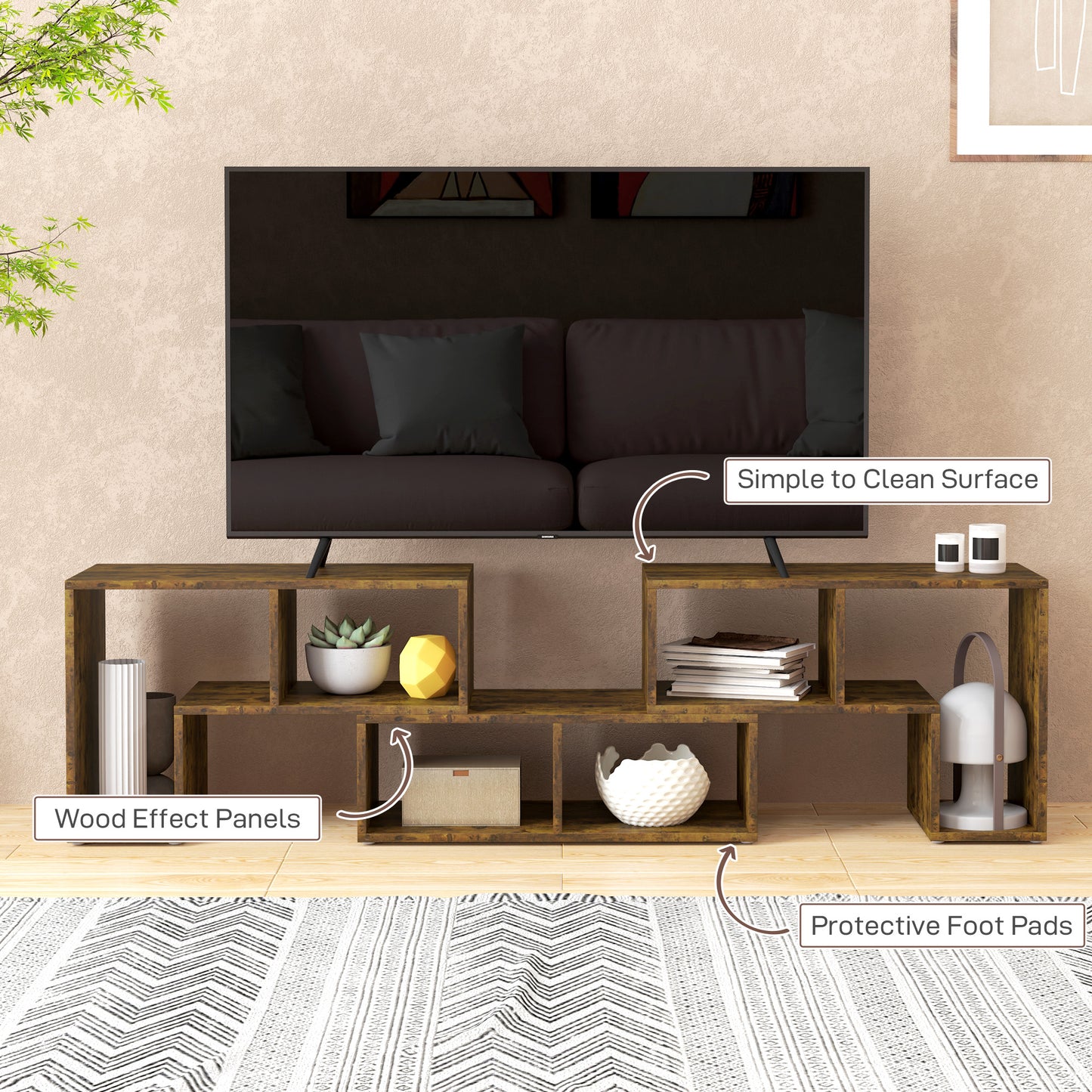 HOMCOM Three Block Modular TV Stand Rustic Brown With Two L Shaped And One Rectangular Block Six Shelves