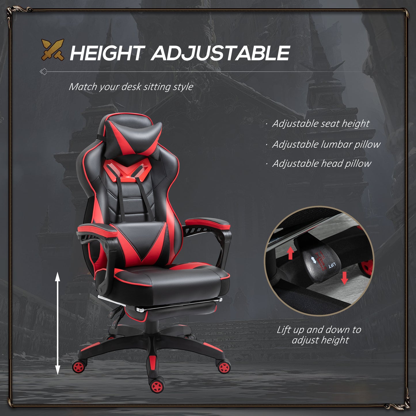 Vinsetto Adjustable Ergonomic Gaming Chair with Retractable Footrest & Lumbar Support - Red & Black Racing Design - ALL4U RETAILER LTD