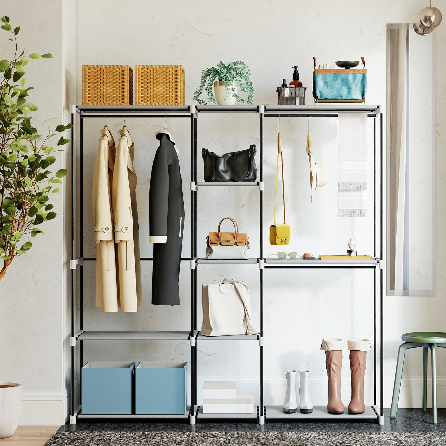 HOMCOM Portable Wardrobe With 8 Shelves And 3 Hanging Rails In Light Grey For Clothes Storage And Organization
