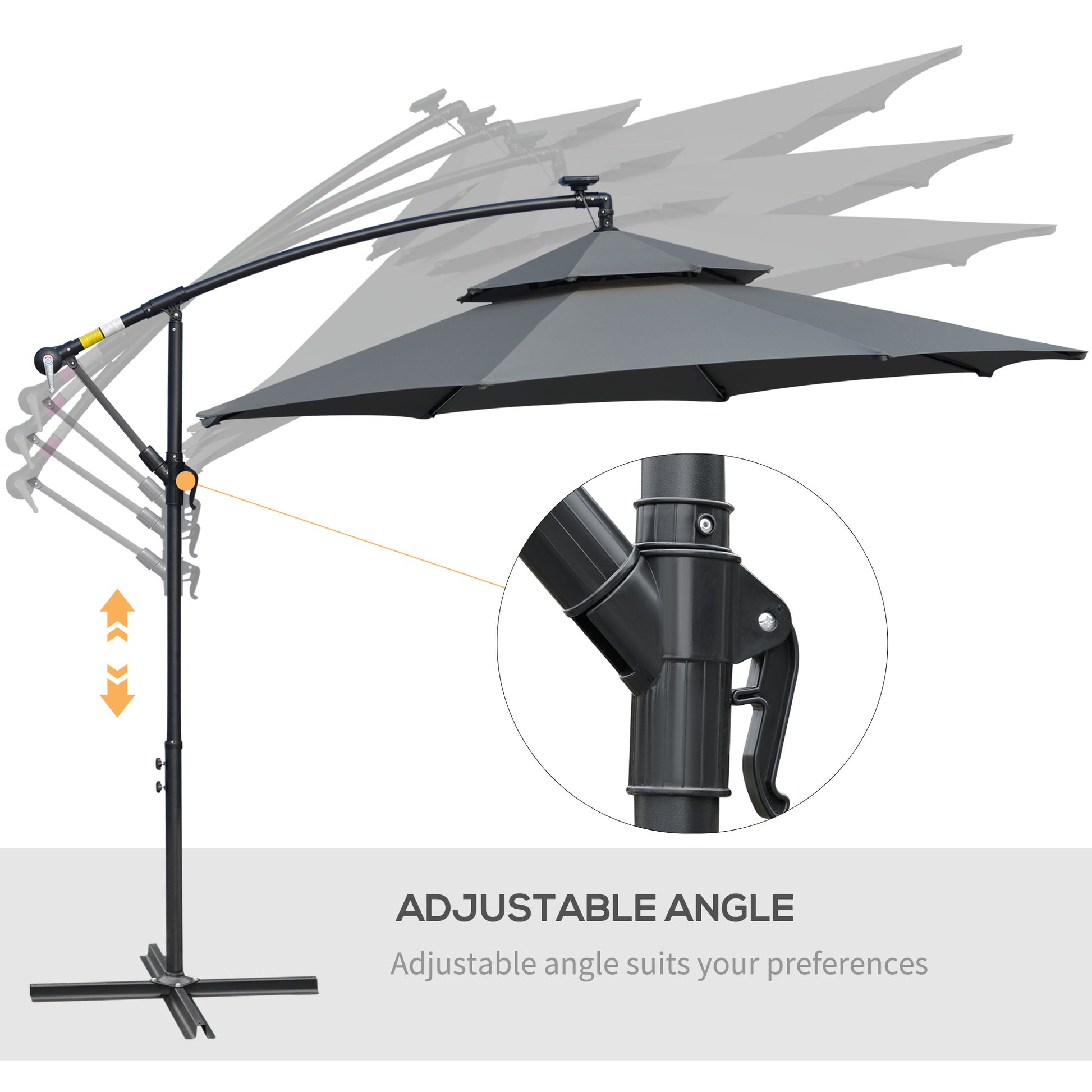 Outsunny 3m Cantilever Hanging Umbrella with Solar LED Lights, Crank Handle, and Adjustable Double Roof, Black - ALL4U RETAILER LTD