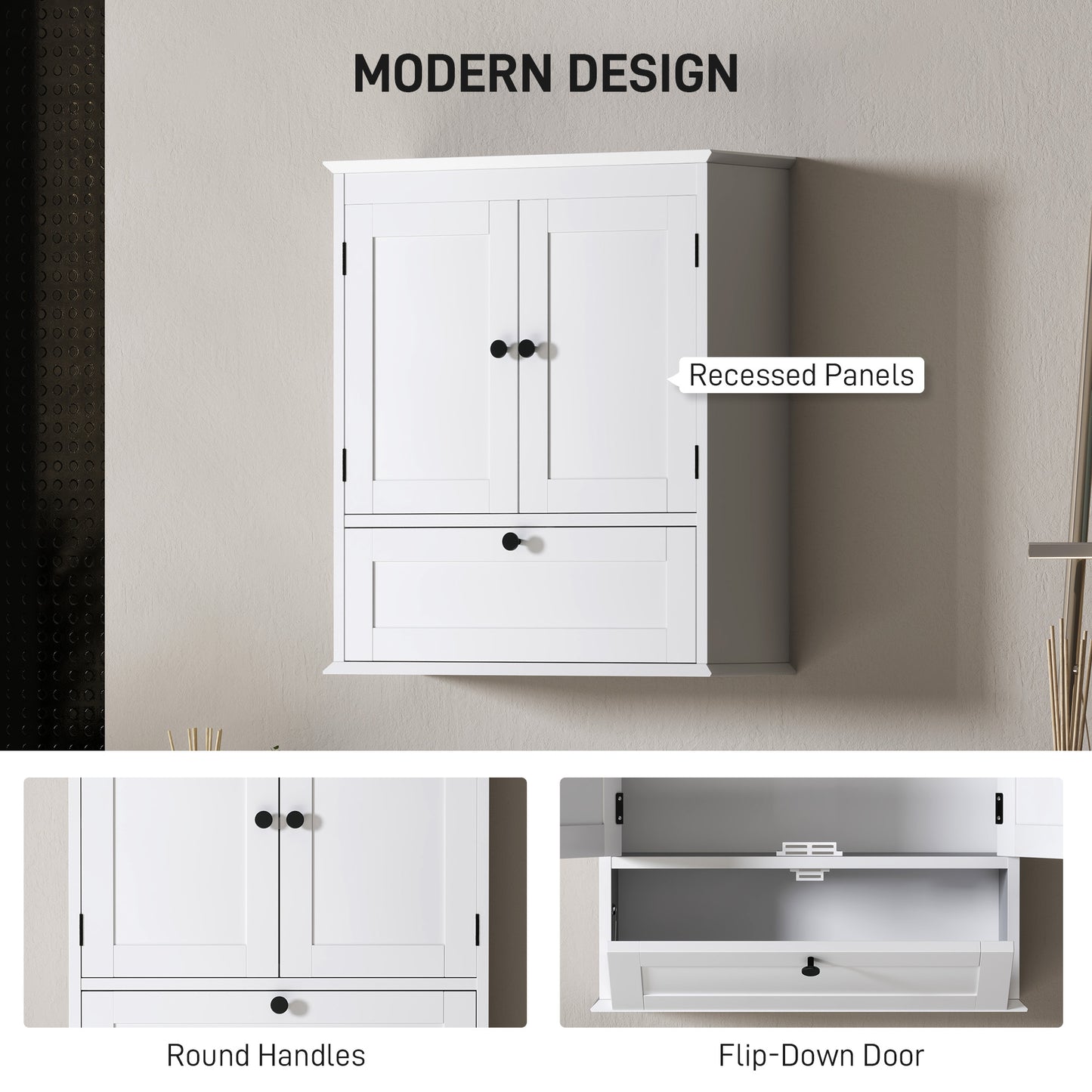HOMCOM White Wall Mounted Bathroom Cabinet With Adjustable Shelf And Recessed Doors Three Compartments