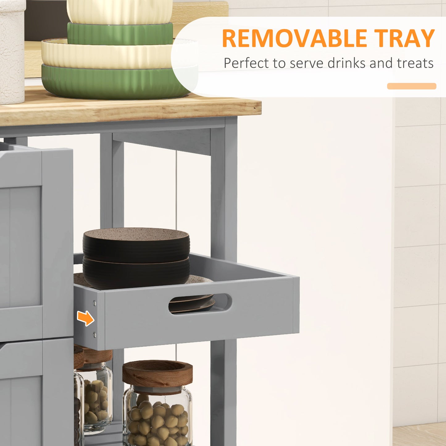 HOMCOM Rolling Kitchen Island Cart With Wood Top Grey Bar Serving Cart On Wheels Shelves And Drawers