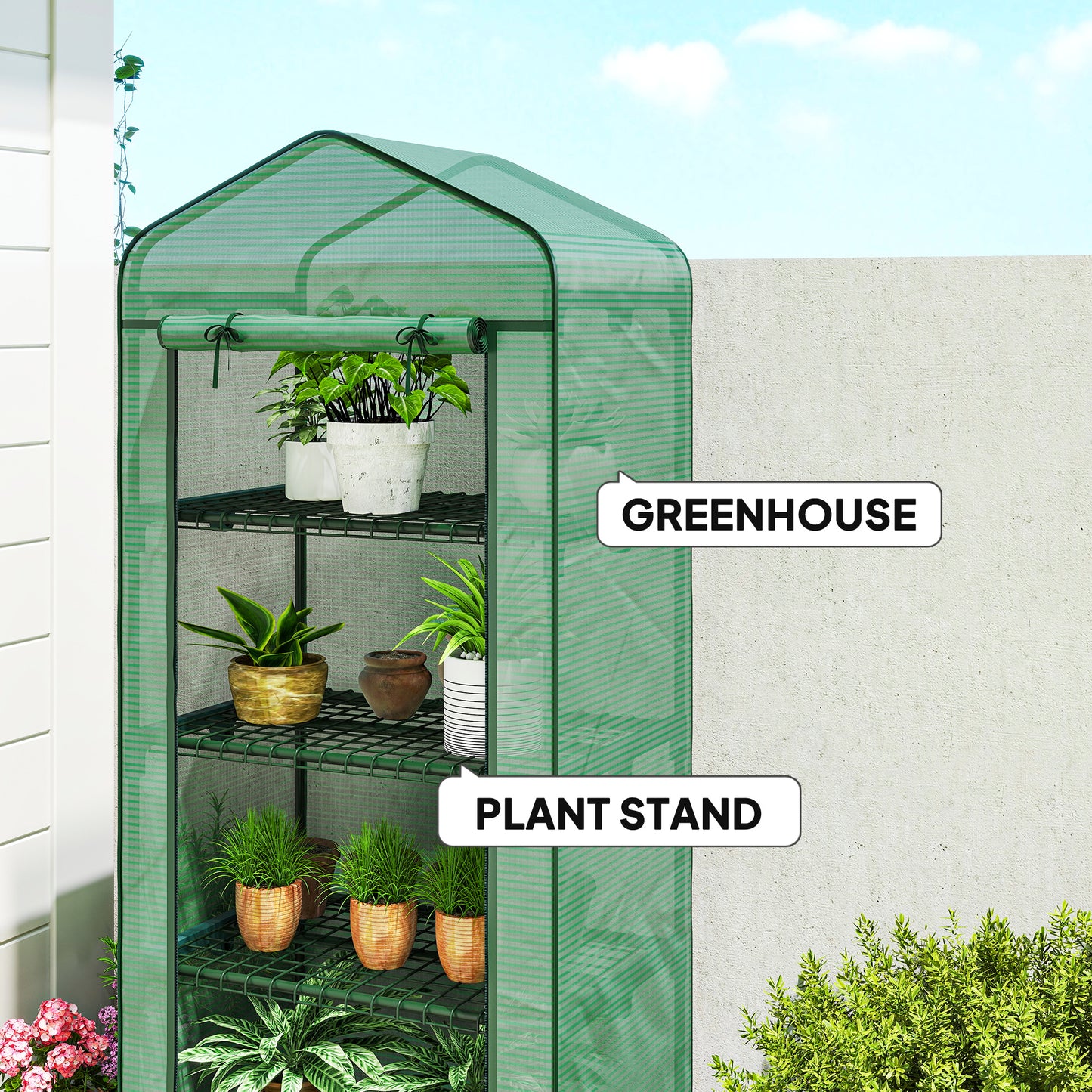 Outsunny 4 Tier Portable Greenhouse With Lockable Wheels Metal Frame PE Cover Green
