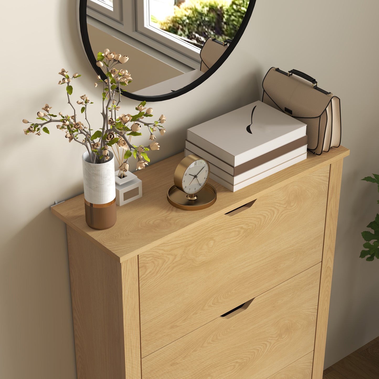 HOMCOM Slim Shoe Cabinet Narrow Cupboard With 3 Drawers And Adjustable Shelves For 18 Pairs Natural Wood Finish