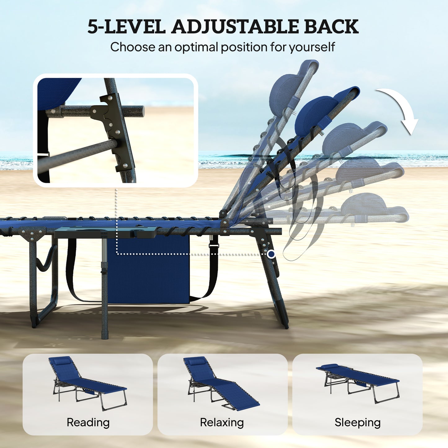 Outsunny Five Position Adjustable Reclining Sun Loungers Set Of 2 In Dark Blue With Steel Frames