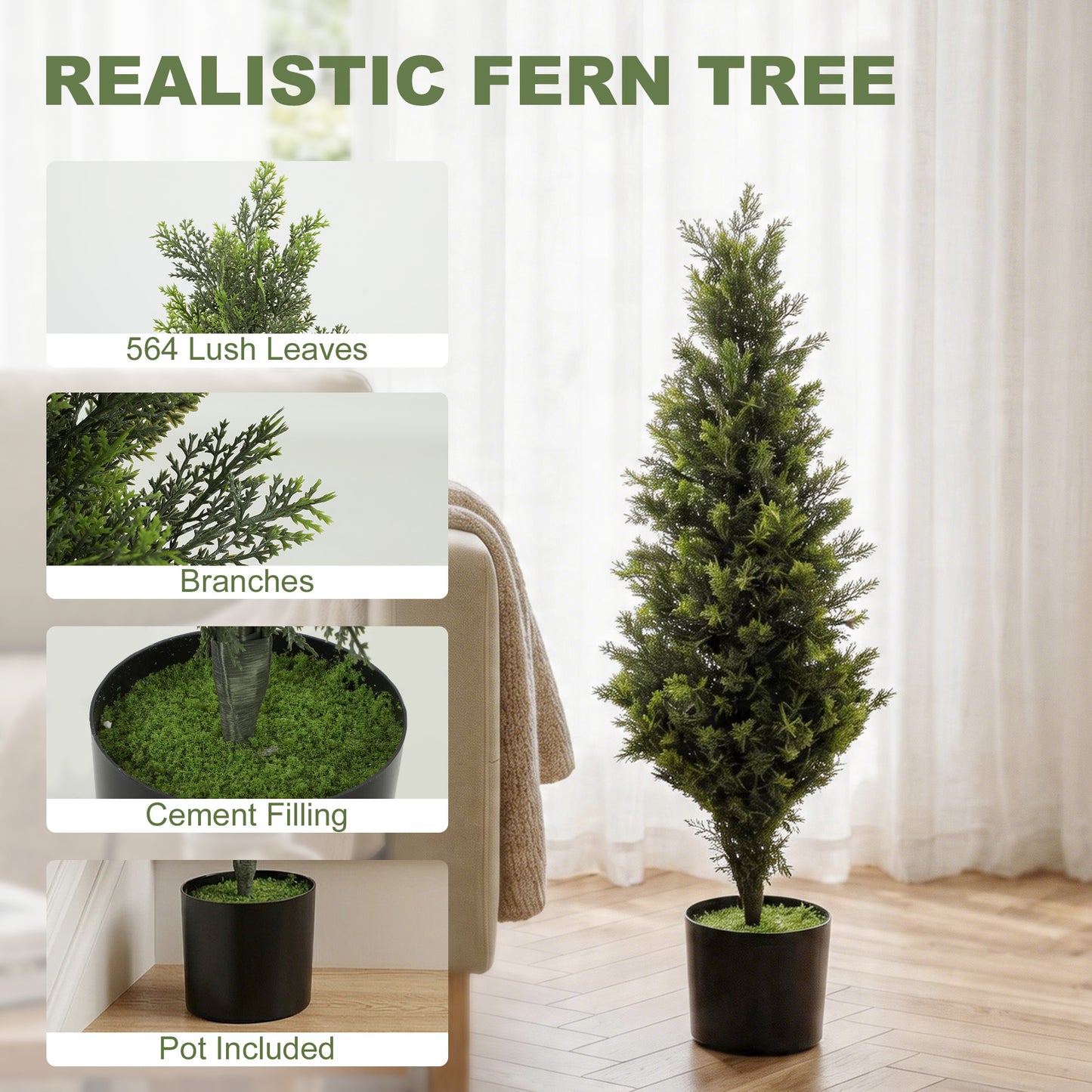 HOMCOM Set of 2 Decorative Artificial Cypress Topiary Trees in Weighted Pots 90cm Tall with 564 Leaves