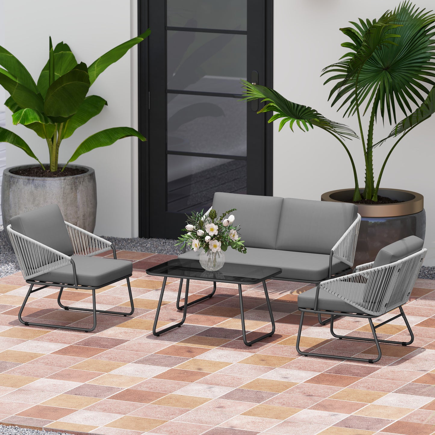 Outsunny Four Piece Rattan Outdoor Sofa Set with Strong Steel Frame Grey Loveseat Two Chairs and Coffee Table
