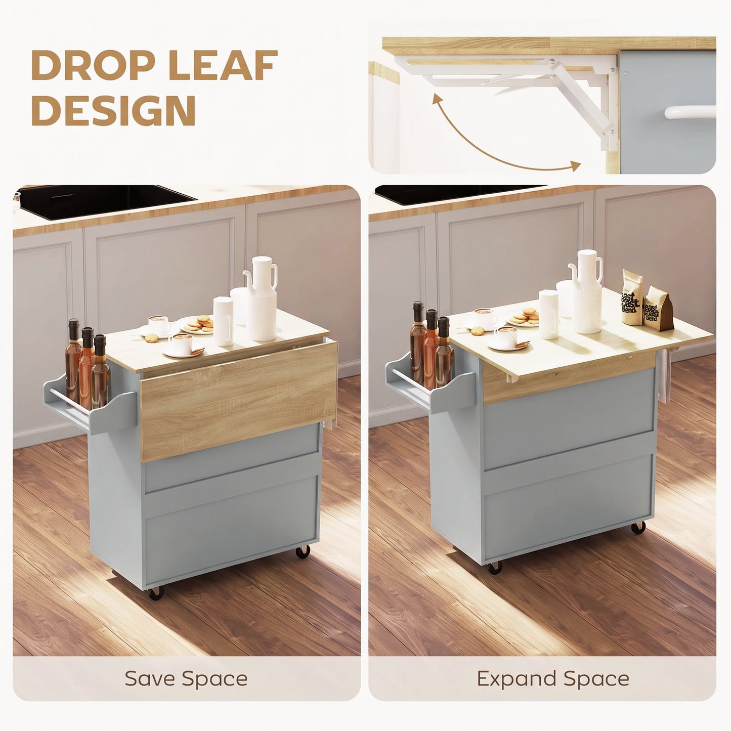 HOMCOM Kitchen Island With Drop Leaf And Rolling Wheels In Grey