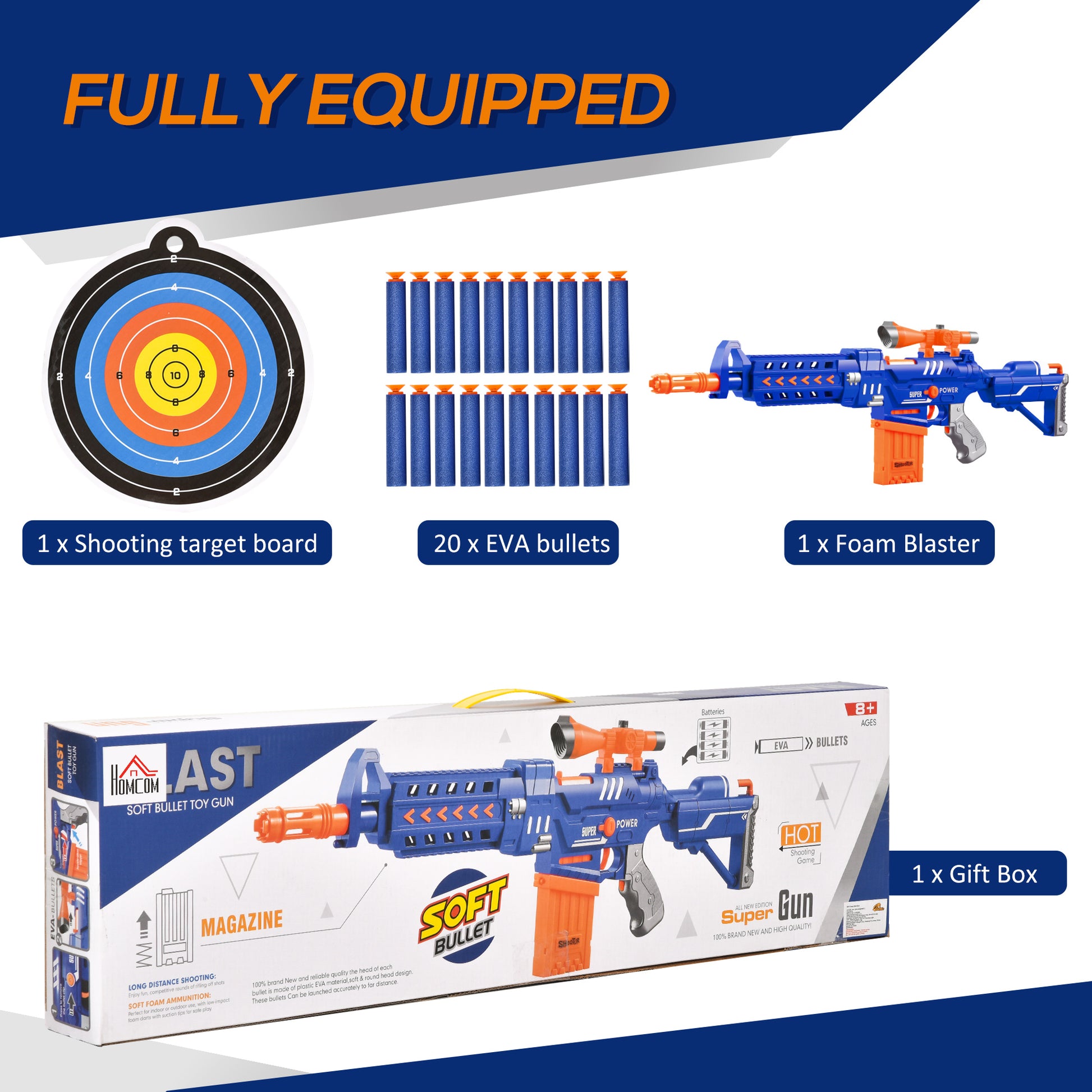 HOMCOM Kids Automatic Foam Blaster with 20 EVA Darts and Target Board for Ages 8-12 - ALL4U RETAILER LTD