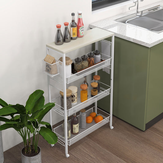 HOMCOM 3 Tier Kitchen Cart With Steel Wire Baskets On Wheels White Finish For Kitchen Organization And Storage