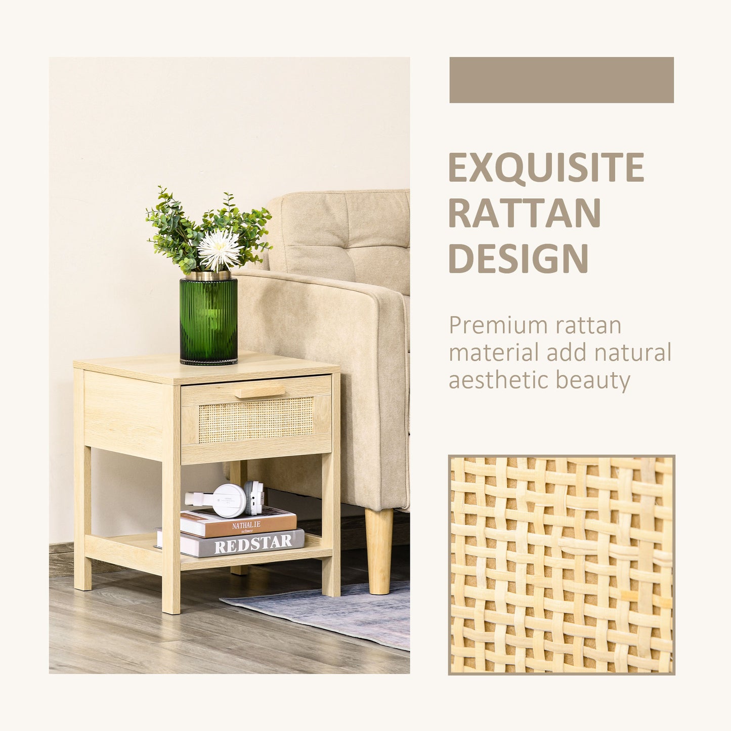 HOMCOM Bedside Table Set Of 2 With Rattan Drawer And Storage Shelf In Natural Rustic Finish