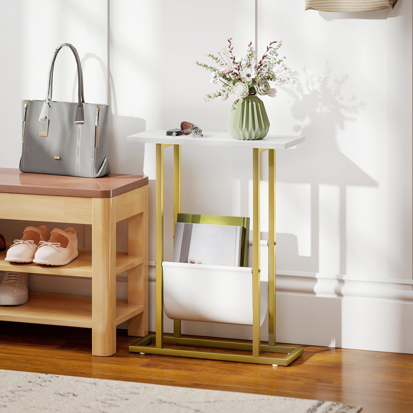 HOMCOM Narrow Side Table With Magazine Holder End Table For Small Spaces Living Room Bedroom White Marble Grain