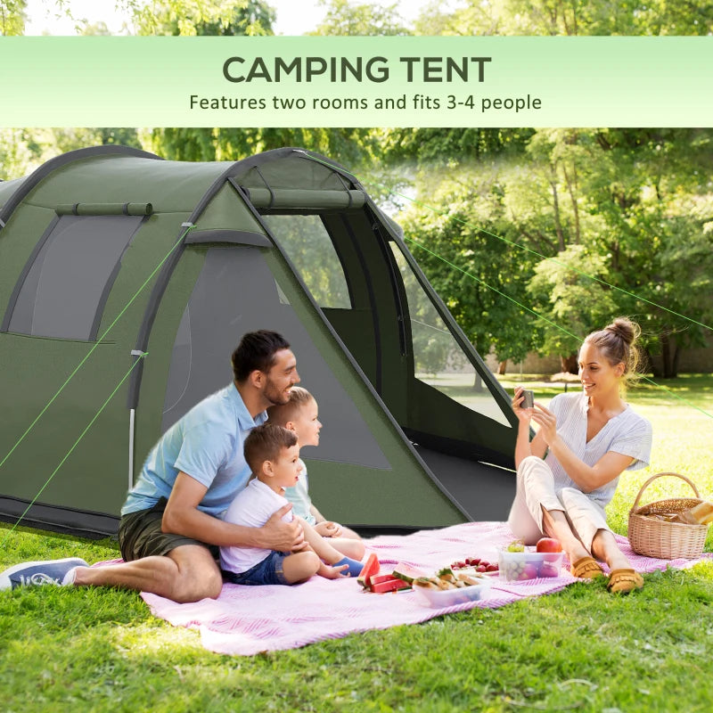 Outsunny 2-Room Tunnel Camping Tent for 3-4 People with Windows, Covers, Carry Bag - Ideal for Fishing, Hiking, Sports - Green - ALL4U RETAILER LTD