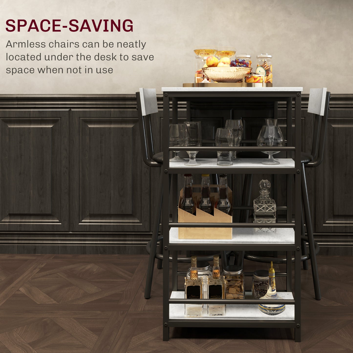HOMCOM Three Piece Kitchen Dining Set With Shelves Space Saving Grey And Black Bar Table And Two Bar Chairs
