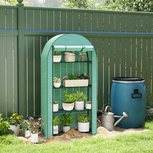 Outsunny Four Shelf Mini Greenhouse in Green with UV Protective Cover and Roll Up Door for Easy Access
