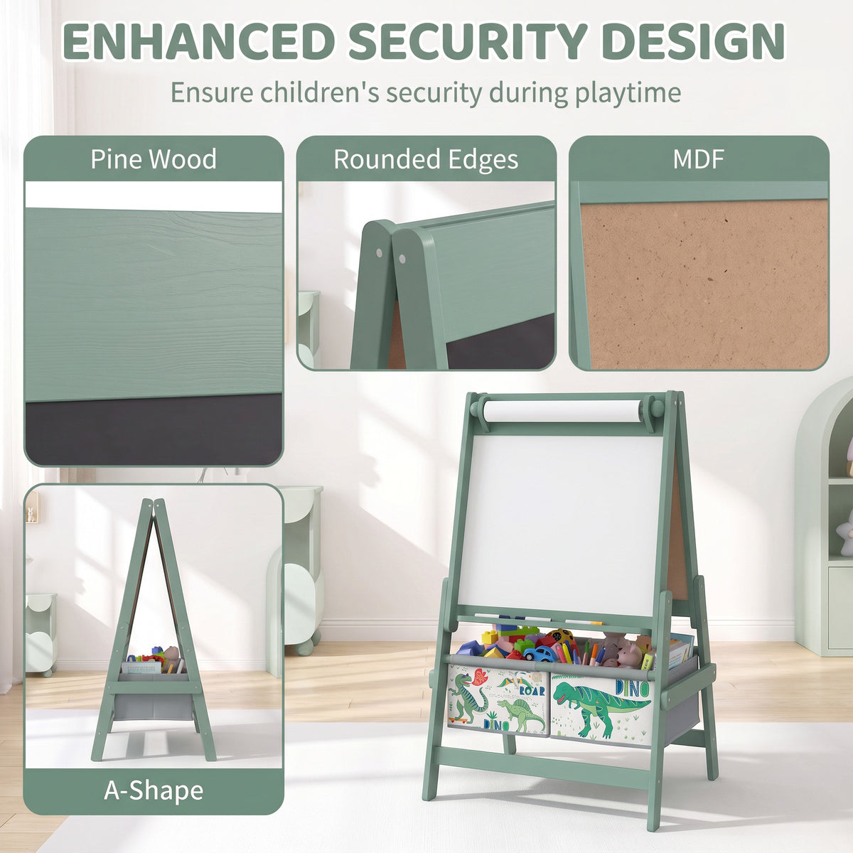A-frame wooden art easel with mint green rounded edges and safety design
