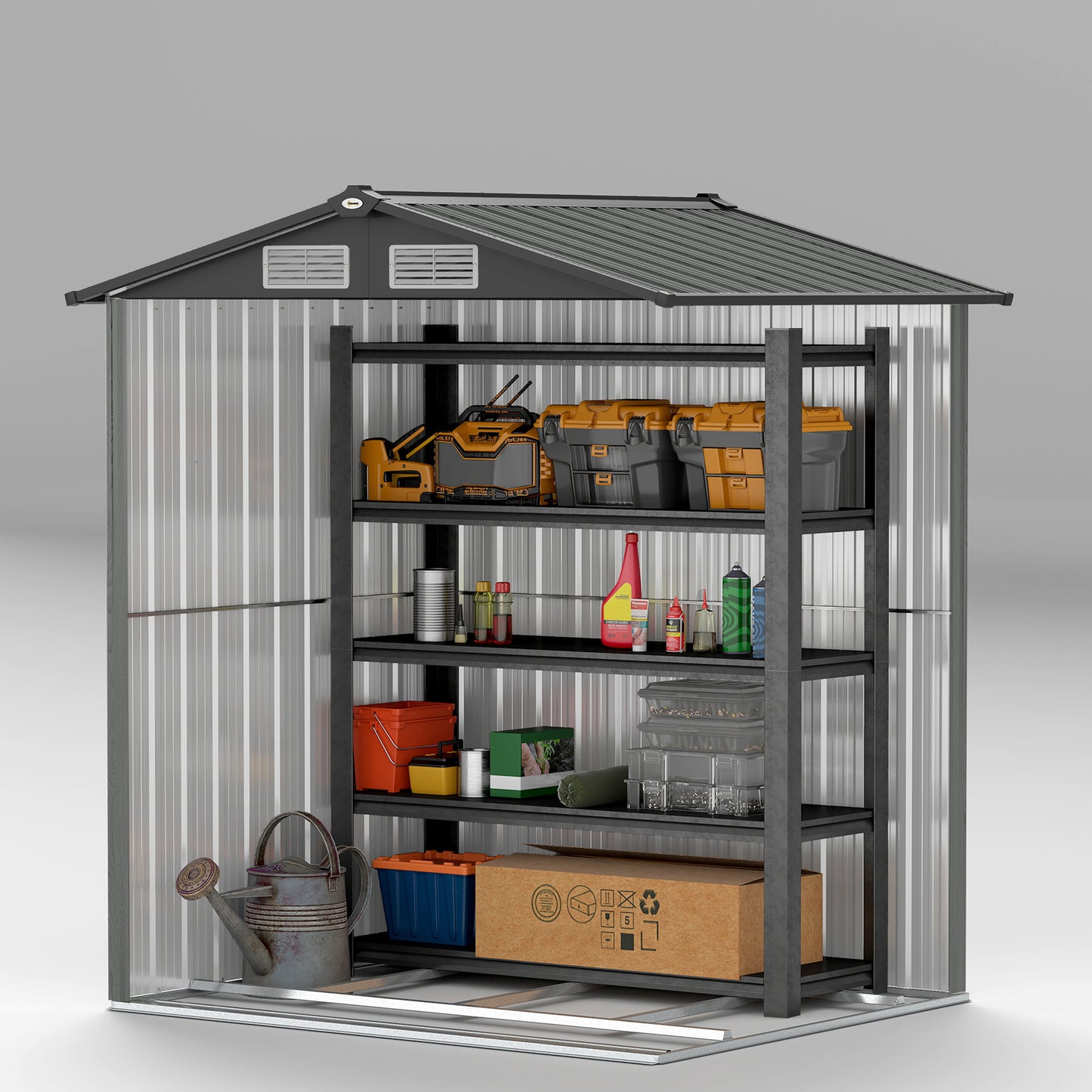 Outsunny Galvanised 4.3 x 5ft Outdoor Garden Storage Shed Grey Wood Effect Sheltered Roof With Ventilation