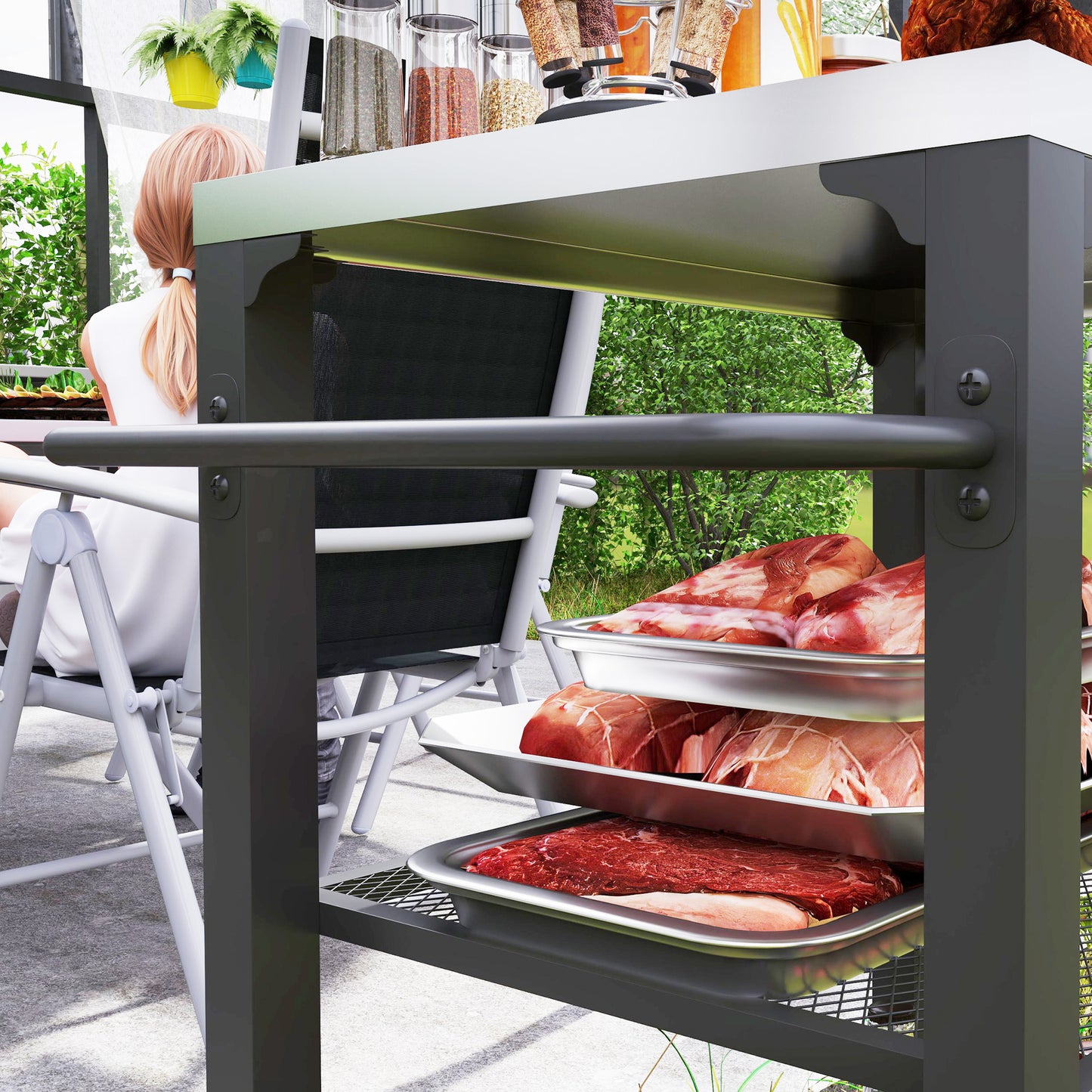 Outsunny Outdoor Grill Cart With Stainless Steel Top Three Shelf Kitchen Island On Wheels 3 Hooks Food Prep Table