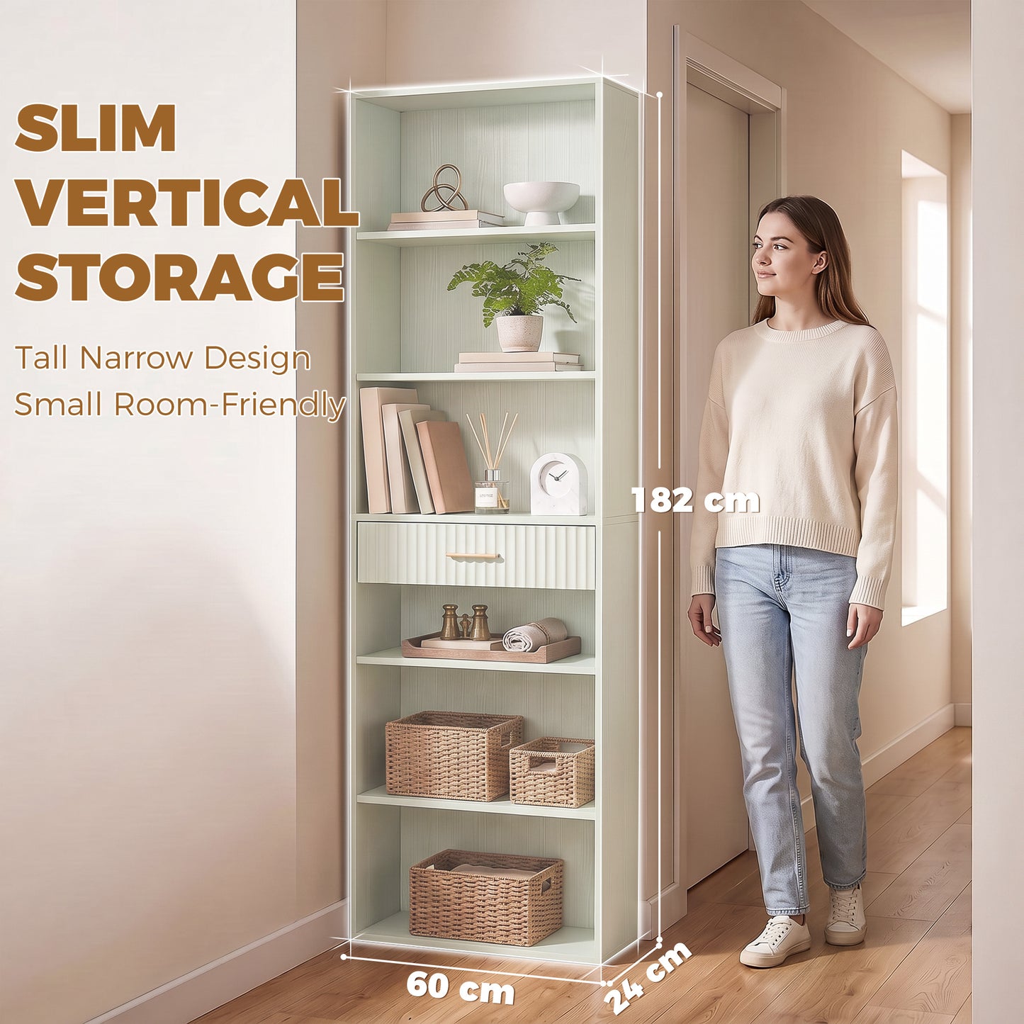 HOMCOM Narrow Tall 7 Tier Bookshelf With Drawer Open Shelves Light Green