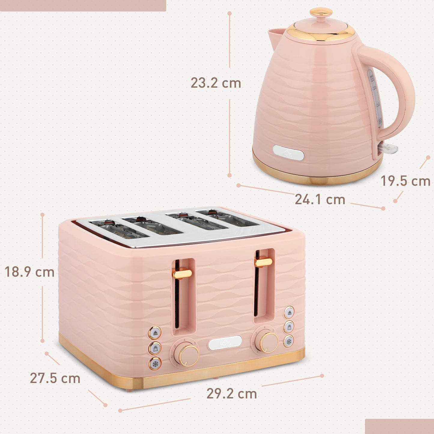 HOMCOM 3000W 1.7L Kettle And 4 Slice Toaster Set With 7 Browning Controls And Crumb Tray Light Pink