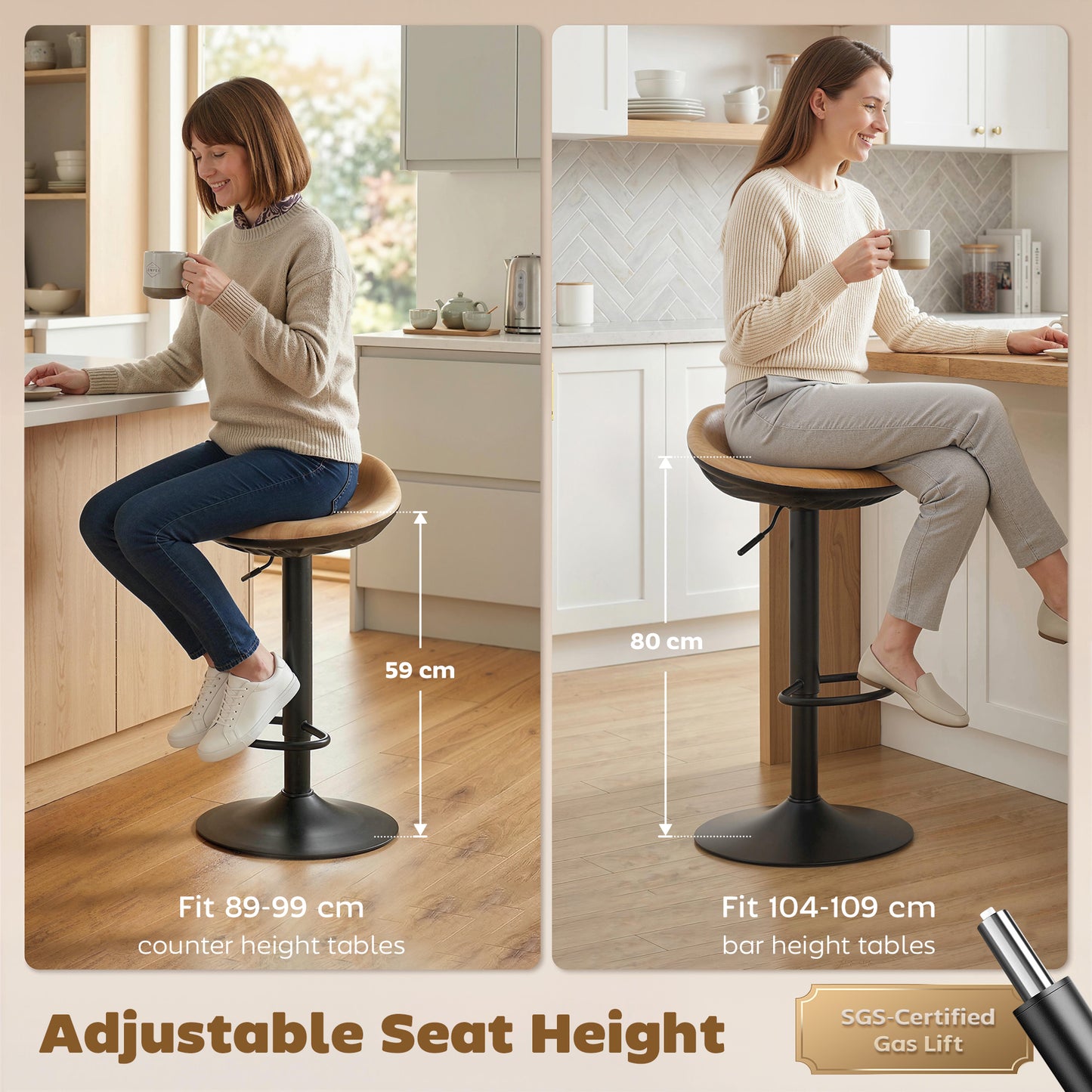 HOMCOM Set Of 2 Bar Stools PU Leather Saddle Seat Height Adjustable Swivel Kitchen Chairs With Footrest Oak