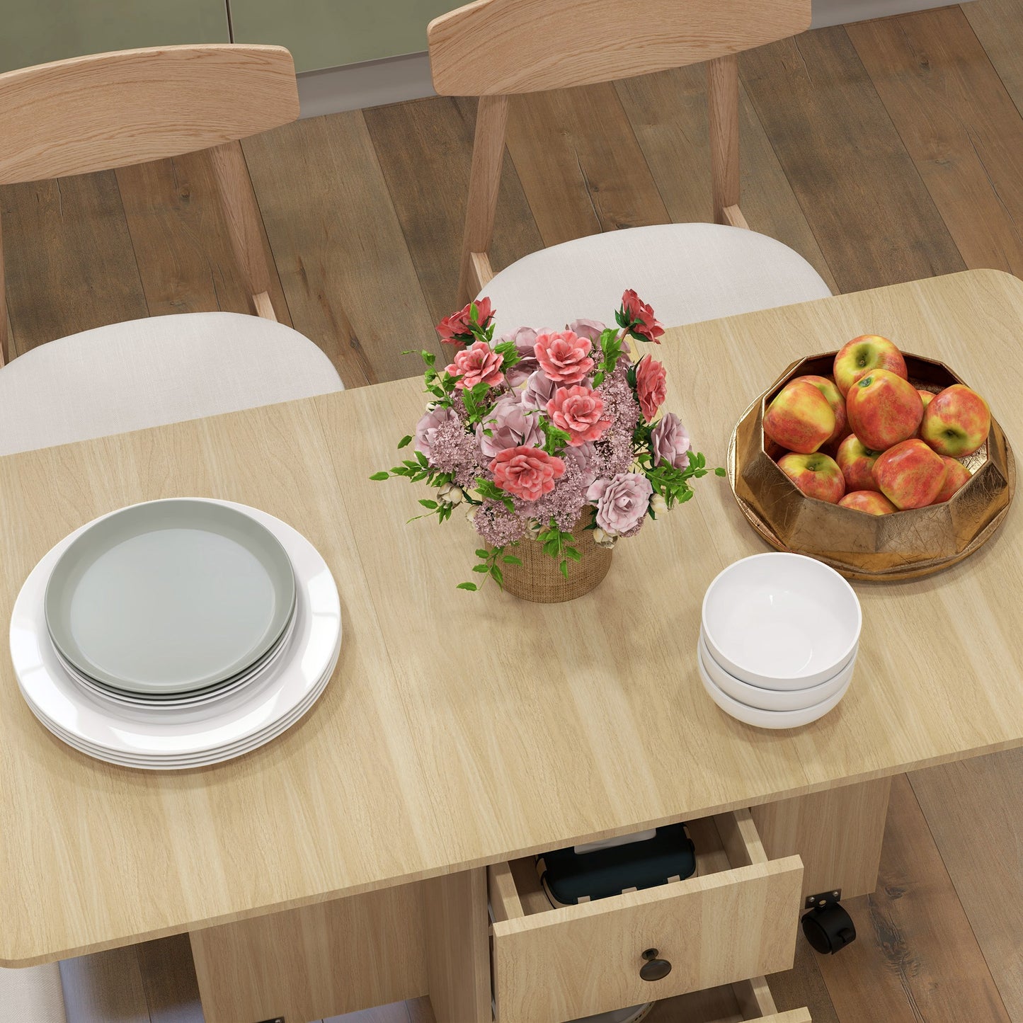 HOMCOM Six Person Drop Leaf Dining Table With Storage Wood Effect Expandable Seating For Six