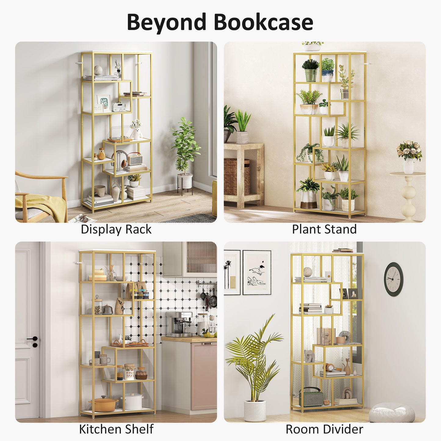 HOMCOM White And Gold Tone Seven Tier Geometric Bookcase With Sturdy Metal Frame