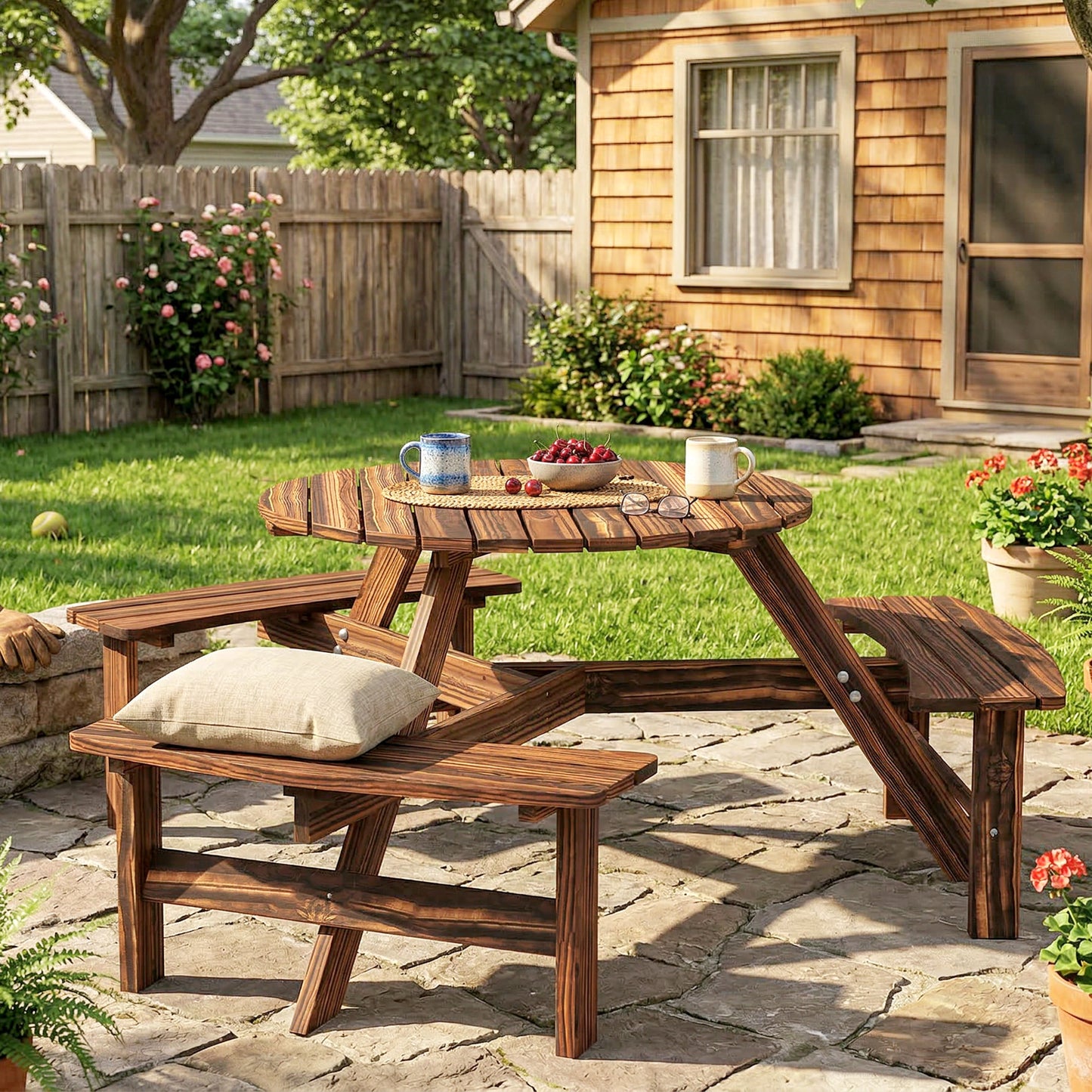 Outsunny 6 Seater Wooden Round Dining Set with Bench and Parasol Hole for Outdoor Garden Patio Carbonized
